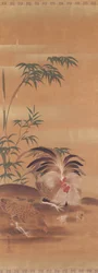Japanisches Kakemono mit Hahn, Henne und Küken