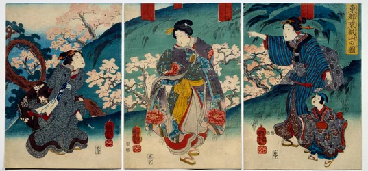 Japanische Kunst: Frauen im Frühling. Druck aus dem 19. Jahrhundert