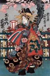 Linkes Panel eines japanischen Kurtisanen-Triptychons