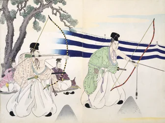Adlige üben Bogenschießen (Detail), 19. Jahrhundert, aus einem Album von Holzschnitten