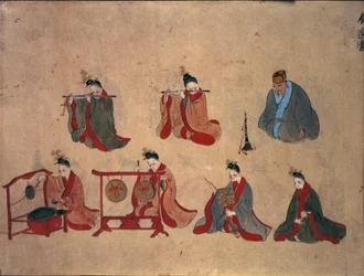 Sieben sitzende Musiker, aus den musikalischen Darbietungen von Ryukyu, ca. 1800-50