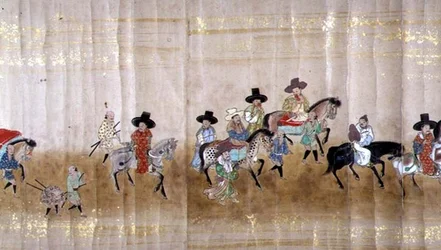 Sechste koreanische Gesandtschaft nach Japan in Meireki 1 zur Zeit der Nachfolge von Tokugawa Ietsuna im Jahr 1651, möglicherweise von Kano Masunobu (1625-94) (Detail)