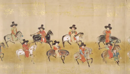 Sechste koreanische Gesandtschaft nach Japan in Meireki 1 zur Zeit der Nachfolge von Tokugawa Ietsuna im Jahr 1651, möglicherweise von Kano Masunobu (1625-94) (Rollbild) (Detail)