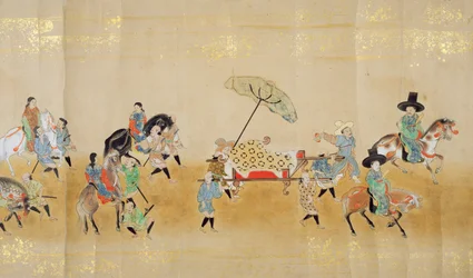 Sechste koreanische Gesandtschaft nach Japan in Meireki 1 zur Zeit der Nachfolge von Tokugawa Ietsuna im Jahr 1651, möglicherweise von Kano Masunobu (1625-94) (Rollbild) (Detail)