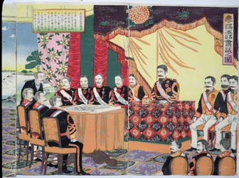 Der Kaiser Mutsuhito (1852-1912) hält einen Kriegsrat, eine Episode aus dem Chinesisch-Japanischen Krieg, späte 19. Jahrhundert