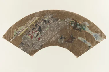 Ohne Titel - fächerförmiges Gemälde von Damen, die in einem Pavillon ein Spiel spielen, 1603-1868