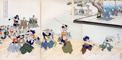 Kriegsherr beobachtet Samurai beim Schwertkampf, 19. Jahrhundert