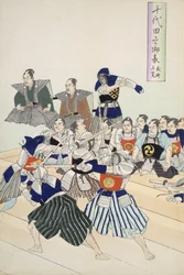 Warlord beobachtet Samurai beim Schwertkampftraining, Detail zeigt Lehrer und Schüler, aus einem Album von Holzschnitten des 19. Jahrhunderts
