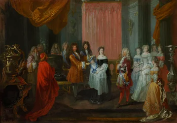 Ludwig XIV. zeichnet den Herzog von Burgund, den Vater des späteren Ludwig XV., mit dem Cordon-bleu-Orden aus.