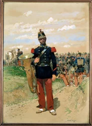Linienmusik: ein Soldat, Mitglied des Militärorchesters im Jahr 1855