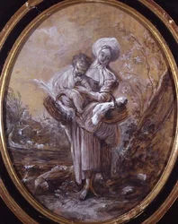 Frau mit Kind in einer Landschaft (Zeichnung)