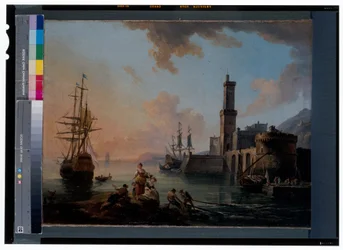 Fischer und Kurtisanen in einem Mittelmeerhafen bei Sonnenuntergang