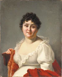 Porträt von Madame Regnault, Brustbild, in einem weißen Kleid und persimmonfarbenem Schal