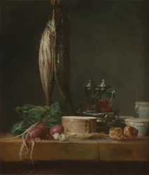 Stillleben mit Fisch, Gemüse, Gougères, Töpfen und Karaffen auf einem Tisch