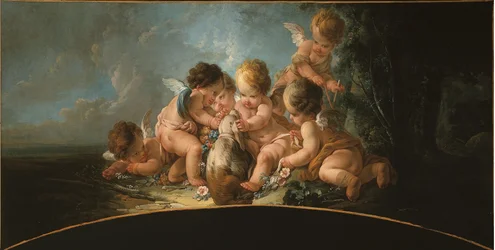Gruppe von sechs Liebenden, die mit einem Hund spielen, ca. 1761