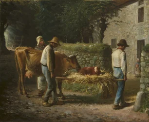 Bauern bringen ein auf dem Feld geborenes Kalb nach Hause, 1864