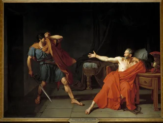 Marius Gefangener in Minturnae. Römischer General Caius Marius (rechts), im Krieg mit Sulla, wird nach seiner Flucht im Jahr 89 v. Chr. gefangen genommen. Er stößt einen Soldaten der Krone zurück, der gekommen war, um ihn in seiner Zelle zu töten. Illustra