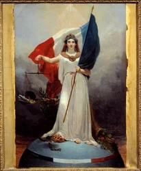 Symbolfigur der Republik. Allegorie, welche die Republik als Frau mit einem Lorbeerkranz, dem Symbol des Friedens, darstellt, die eine Waage, das Symbol der Gerechtigkeit, und die Trikolore hält. Unter ihrem Fuß befinden sich die Krone der zerschlagenen