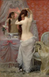 Junge nackte Frau, die sich in einem Innenraum frisiert, 1887
