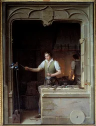 Ein Schlosser versucht, seine Feile einem Eichelhäher zu beißen. Illustration für Jean de La Fontaines Fabeln