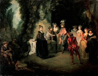 Liebe im französischen Theater von Jean-Antoine Watteau (1684-1721), Öl auf Leinwand, 37x48 cm