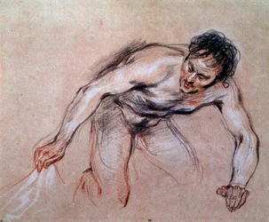 Studie eines nackten Mannes, der ein Tuch zieht