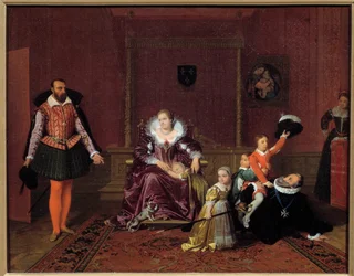 König von Frankreich Heinrich IV. (1553-1610) spielt mit seinen Kindern vor dem spanischen Botschafter. In der Mitte Königin Maria von Medici, die Kinder sind Ludwig XIII., Elisabeth von Frankreich, Christine von Frankreich und Nicolas. Gemälde von Jean Au