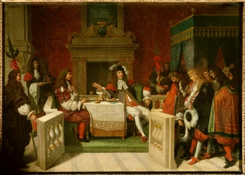Ludwig XIV. und Molière: König Ludwig XIV. (1638-1715) und Jean Baptiste Poquelin genannt Molière (1622-1673) am Tisch vor den Höflingen