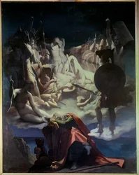 Der Traum von Ossian Illustration der Oper Ossian oder die Barden von Jean-François Le Sueur (1760-1837), der Barde Ossian war ein schottischer Dichter des 3. Jahrhunderts, gelesen von Napoleon, er ist ein Vertreter, der auf einer Lyra schläft
