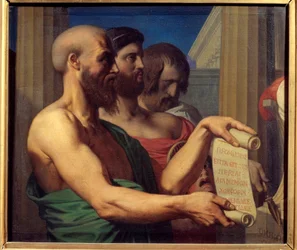 Die tragischen Griechen. Porträts der Dramatiker Aischylos (525-456 v. Chr.), Sophokles (495-406 v. Chr.) und Euripides (480-406 v. Chr.). Gemälde von Jean Auguste Dominique Ingres (1780-1867) 1866. Angers, Musee des Beaux Arts.