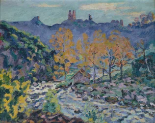 Die Mühle von Brigand und die Ruinen der Burg Crozant, Creuse, ca. 1900