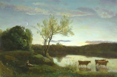 Ein Teich mit drei Kühen und einer Mondsichel, um 1850