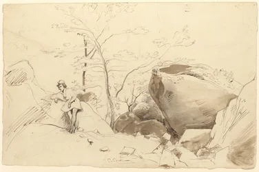 Fontainebleau, Figur, die sich gegen einen Felsen lehnt