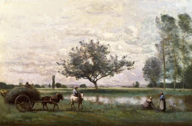 Heuwagen am Flussufer