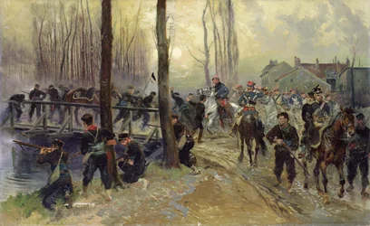 Hinterhalt in der Nähe einer von Truppen verteidigten Brücke, früher Morgen, 1870
