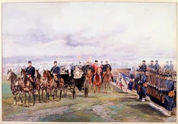 Zar Nikolaus inspiziert die Truppen mit Felix Faure in Chalon-sur-Marne während seines Besuchs in Frankreich, 9. Oktober