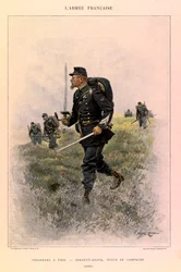 Typen und Uniformen der französischen Armee von Hauptmann Jules Richard, illustriert von Edouard Detaille (1848-1912): Fußjäger: Feldwebel in Felduniform im Jahr 1885, Privatbesitz