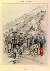 Typen und Uniformen der französischen Armee von Hauptmann Jules Richard, illustriert von Edouard Detaille (1848-1912): Indigene Tirailleurs in Kolonne im Jahr 1886, Private Sammlung