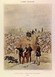 Typen und Uniformen der französischen Armee von Hauptmann Jules Richard, illustriert von Edouard Detaille (1848-1912): Corps de Genie; Bau einer Schanze im Jahr 1886, Privatbesitz