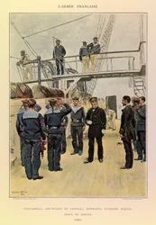 Typen und Uniformen der französischen Armee von Kapitän Jules Richard, illustriert von Edouard Detaille: Marine: Vizeadmiral, Schiffslieutenant, Aspiranten, Marinerifles in Dienstkleidung 1885, Privatbesitz