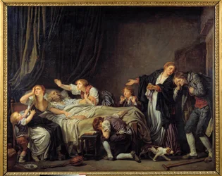 Der bestrafte Sohn. Der Sohn kehrt nach Hause zurück und findet seine Familie weinend am Bett des verstorbenen Vaters. 1778. Maße: 1,3 x 1,63 m