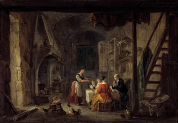 Das Benedicite. Szene einer Mahlzeit in einer Bauernfamilie, das Gebet