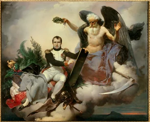 Napoleon I., von der Zeit gekrönt, verfasst den Code civil. Die Allegorie der Zeit krönt in Gestalt eines alten Engels Napoleon Bonaparte (1769-1821), während er sein als Code Napoléon bekanntes und 1804 verkündetes Gesetzbuch überarbeitet
