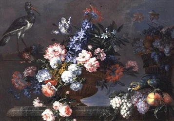 Stillleben mit Früchten und Blumen mit Vögeln
