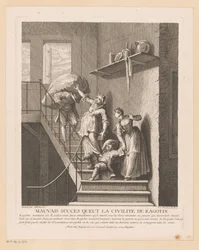 Ragotin mit zwei Damen auf einer Treppe