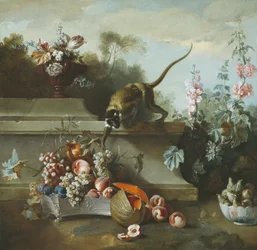 Stillleben mit Affe, Früchten und Blumen, 1724