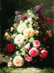 Stillleben mit Rosen auf einem moosigen Ufer