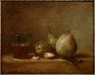 Birnen, Nüsse und ein Glas Wein. Stillleben