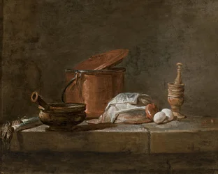 Lauch, ein Topf mit Tuch, ein Kupfertopf mit Deckel, eine Zwiebel und Eier mit einem Mörser und Stößel auf einem Steinsims