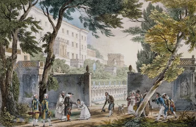 Eine Villa: Treffenszene des Adels - Gravur von Jean-Baptiste Thomas (1791-1833), um 1820